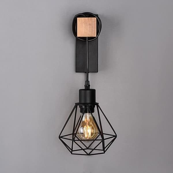 Vintage industriell vägglampa 'RODEN' - Massivt trä och aluminium - Svart