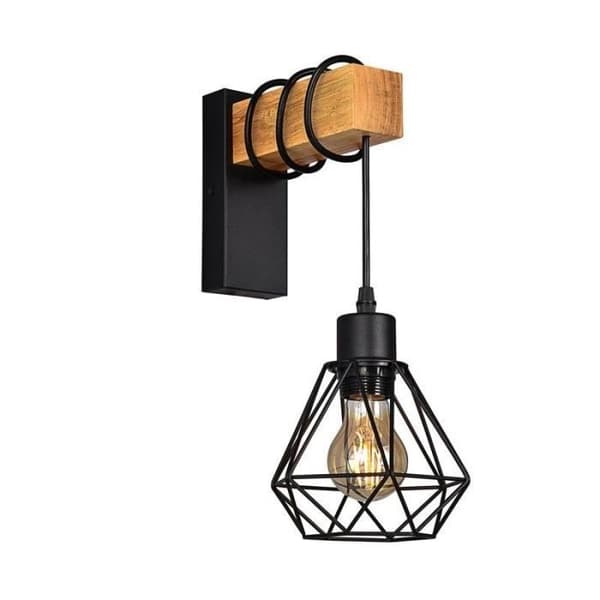 Vintage industriell vägglampa 'RODEN' - Massivt trä och aluminium - Svart
