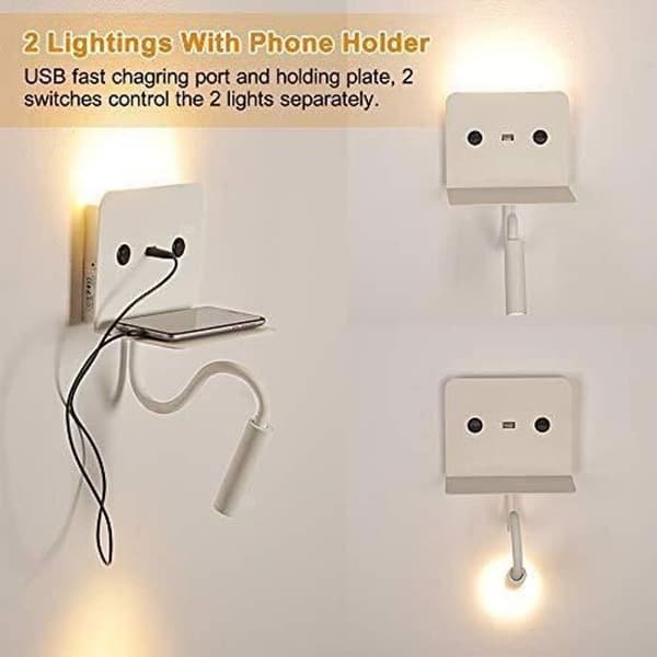 BarcelonaLED 6W LED-läsvägglampa med justerbar 3W varmvit flexibel spotlight och USB-laddningsbas för sovrum