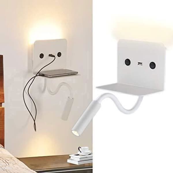 BarcelonaLED 6W LED-läsvägglampa med justerbar 3W varmvit flexibel spotlight och USB-laddningsbas för sovrum