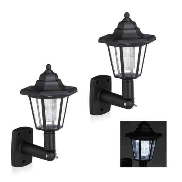 Relaxdays Solar LED-vägglampa, set med 2, Vintage Solar Wall Light, Trädgård, Solar Lantern, Vattentät, Svart
