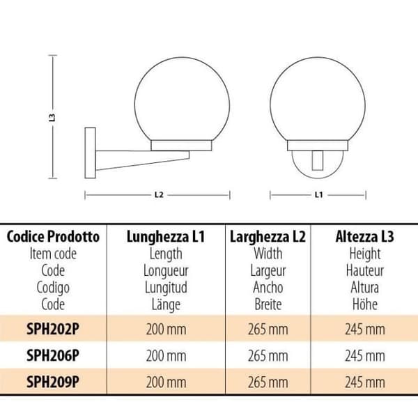 Vägglampa med sfär för utomhusbruk i PMMA, 200mm, E27 sockel, bärnsten