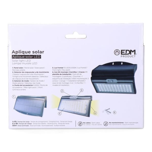 Solar Vägglampa 6W 430Lm 6.500K Med Sensor Svart Färg Edm