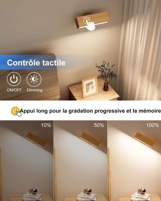 Set med 2 Sänglampor - Trådlös Vägglampa - Uppladdningsbar, LED, Trä - Trådlös Vägglampa, Trådlös LED Vägglampa