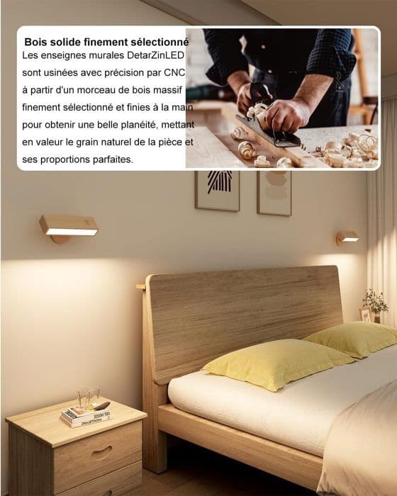 Set med 2 Sänglampor - Trådlös Vägglampa - Uppladdningsbar, LED, Trä - Trådlös Vägglampa, Trådlös LED Vägglampa