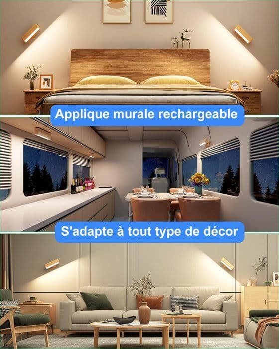 Set med 2 Sänglampor - Trådlös Vägglampa - Uppladdningsbar, LED, Trä - Trådlös Vägglampa, Trådlös LED Vägglampa
