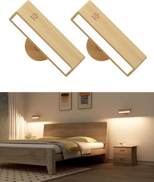 Set med 2 Sänglampor - Trådlös Vägglampa - Uppladdningsbar, LED, Trä - Trådlös Vägglampa, Trådlös LED Vägglampa