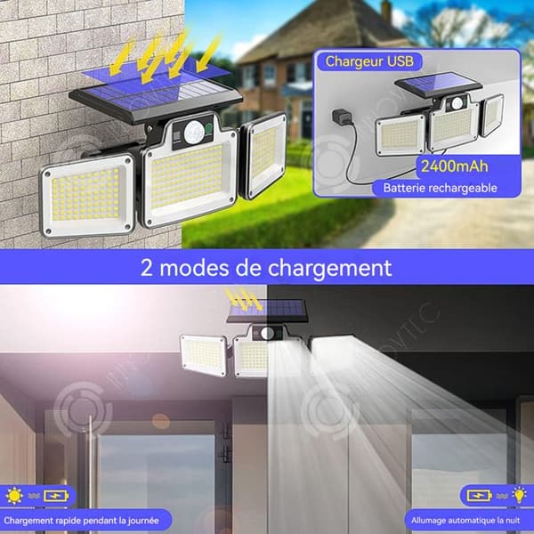 INN Utomhussollampa 280 LED-chips 2400mAH 3-huvuden IP65 utomhusbelysning med rörelsedetektor trädgårdsvägglampa