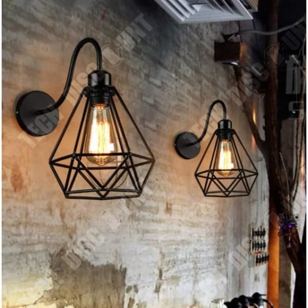 TD® UNI Industrivägglampa E27 16cm - Retro Diamantbur - Svart metall