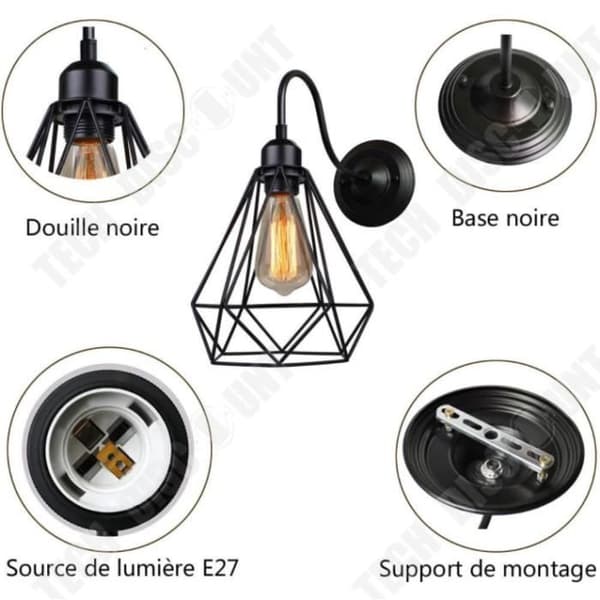 TD® UNI Industrivägglampa E27 16cm - Retro Diamantbur - Svart metall