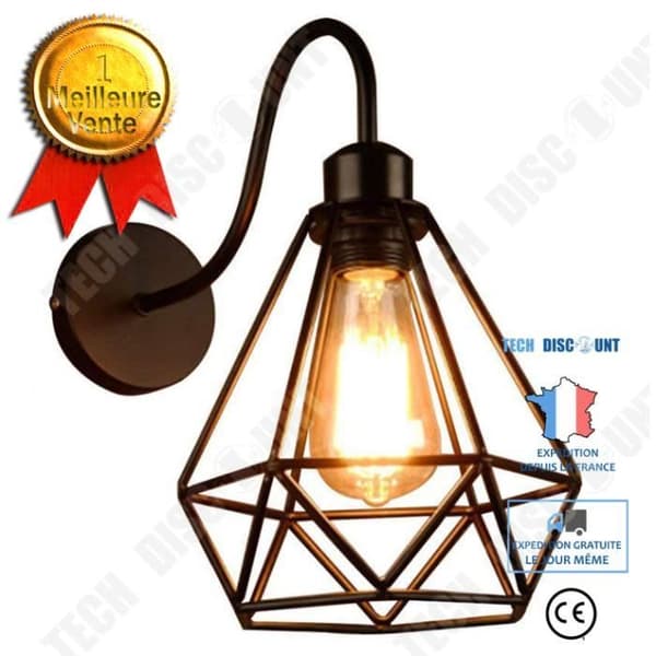 TD® UNI Industrivägglampa E27 16cm - Retro Diamantbur - Svart metall