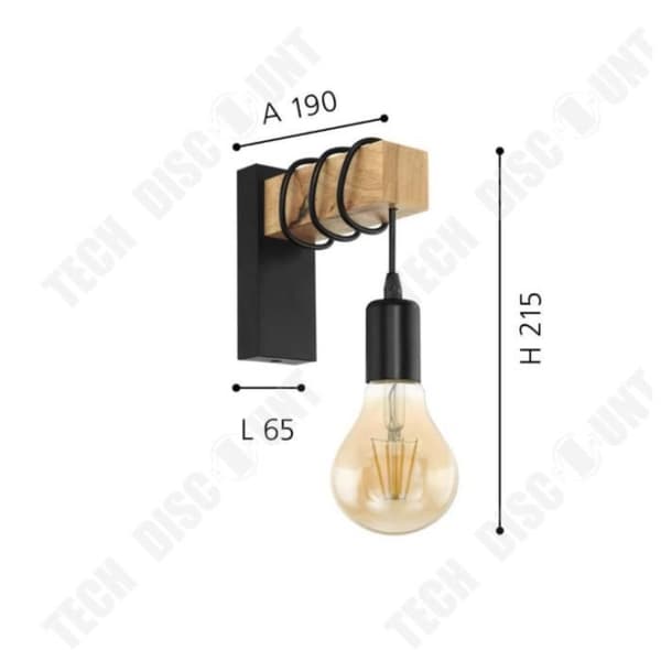TD® DETROIT Industriell vägglampa i trä - 6 x 15 x H20 - Svart - E27 40W dekorativ glödlampa ingår