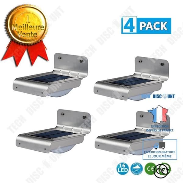 TD® 16 LED Solar Motion Sensor Light (900 mAh batteri. Räckvidd 3 meter. 12 timmars autonomi) - Silver (Pack of 4 uns)