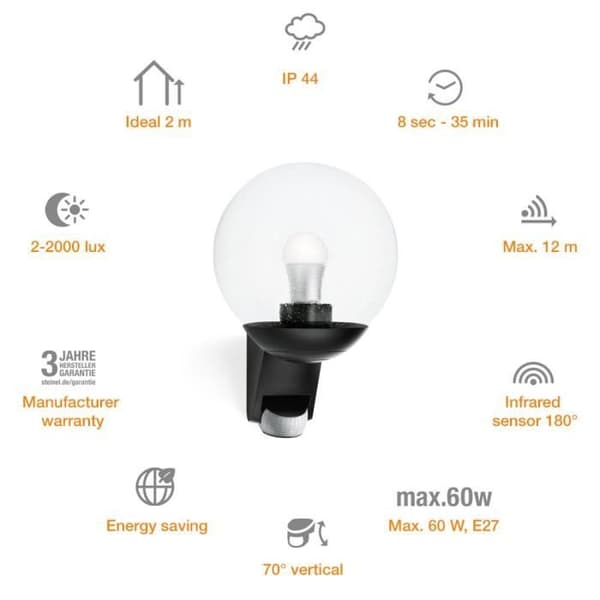 STEINEL L 585 S 60W IP44 E27 utomhusvägglampa - Svart med rörelsedetektor