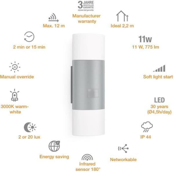 STEINEL - Utomhusvägglampa med sensor L 910 S LED 9,8W 3000K IP44 - Silver