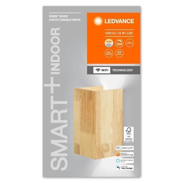 LEDVANCE ORBIS WOOD SMART+ Wi-Fi-lampa, dimbar LED-vägglampa inomhus, 14W belysning, temperatur på