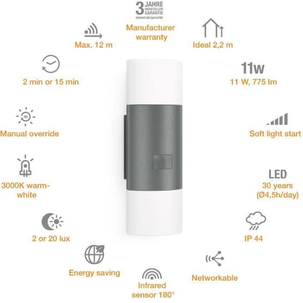 STEINEL - Utomhusvägglampa med sensor L 910 S LED 9,8W 3000K IP44 - Antracit