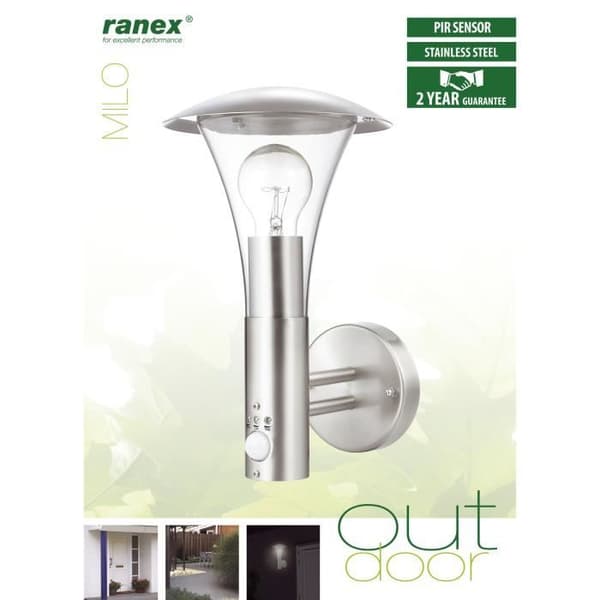 Ranex Vägglampa med PIR-sensor 60 W Krom 5000.318