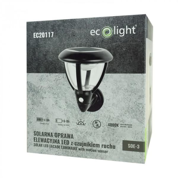 LED solpanel ytterväggslampa SOE-3 4000K 95lm ECOLIGHT