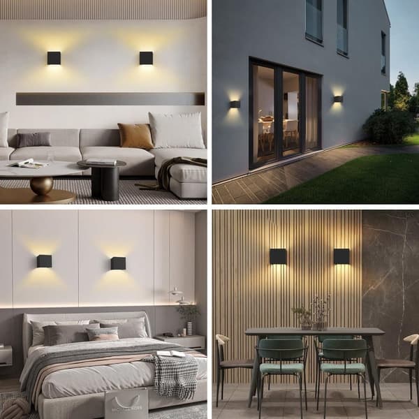 LED Væglampe Indendørs/Udendørs Firkant - Direkte Aluminium Op/Ned Belysning - IP65 Vandafvisende - 3000K Varm Hvid - Sort - 12W