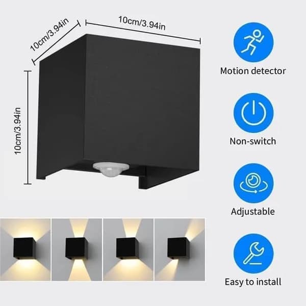 OBOSOE Kubformad LED-vägglampa med rörelsedetektor, 12 W hög/låg varmvit belysning för inomhus/utomhus, IP65 vattenavvisande