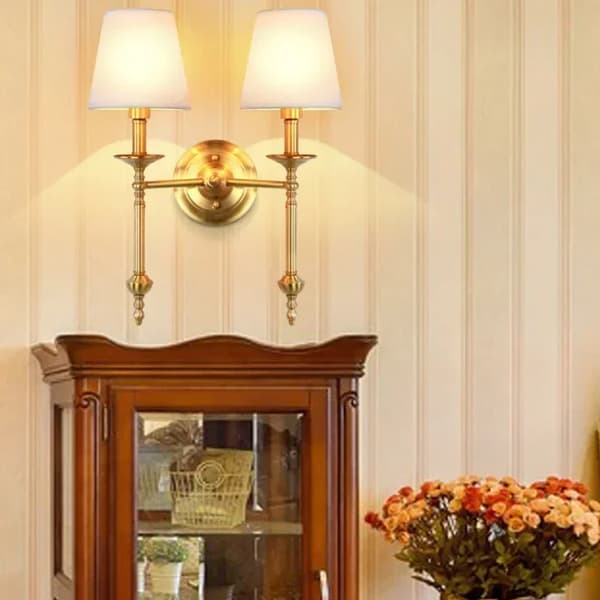 Kopparvägglampa, Modern Textilskärm, LED-lampa Ingår,2 huvuden