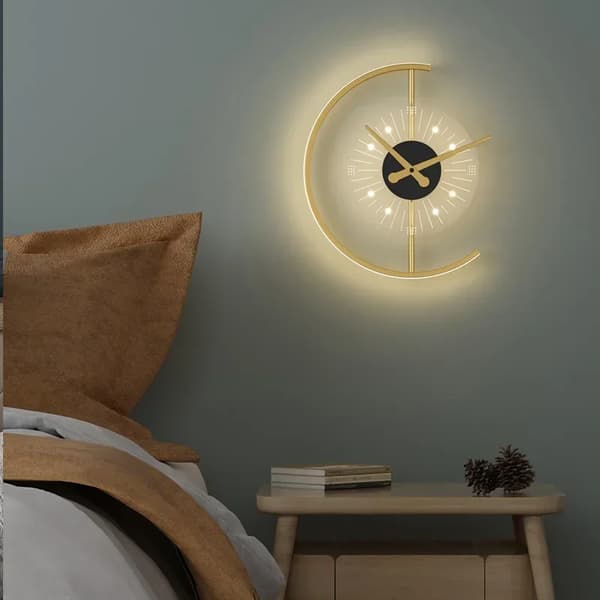 Modern vägglampa, guldfinish, verklig klockfunktion,varmt ljus, Guld Äkta Klocka