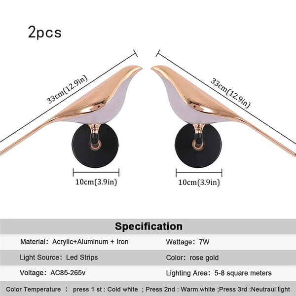 Nordisk Vägglampa, Roséguld Finish, LED-belysning, 2 Fågel Design,Varm vit (2700-3500K), en fågel-2st