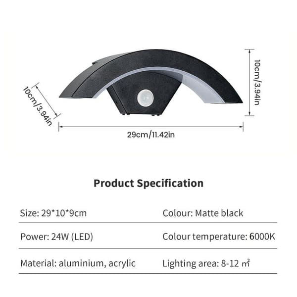 OBOSOE LED-seinävalaisin ulkokäyttöön 24W IP65 liiketunnistimella, lämmin valkoinen valo puutarhaan ja terassille