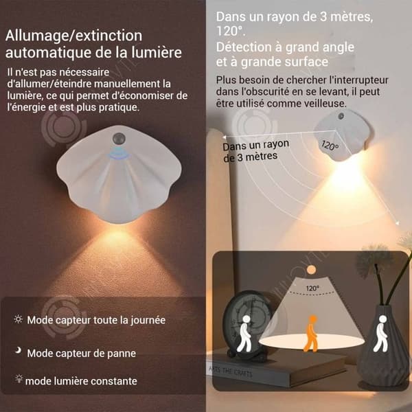 INN LED-vägglampa med rörelsedetektor i form av en snäcka 1200mAh 3000-6000K magnetisk vägglampa för dekoration
