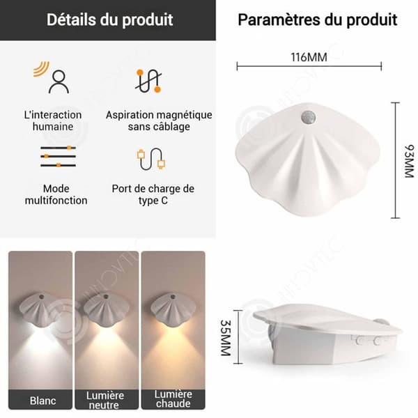 INN LED-vägglampa med rörelsedetektor i form av en snäcka 1200mAh 3000-6000K magnetisk vägglampa för dekoration