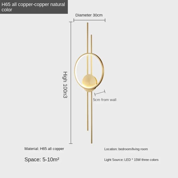 Minimalistinen seinävalaisin, 30 cm halkaisija, 100 cm korkeus, LED-valonlähde,100-30cm, Kupari luonnollinen väri, Kolmivärinen vaalea