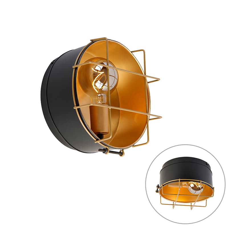 Industriell vägglampa svart med guld 25 cm - Barril