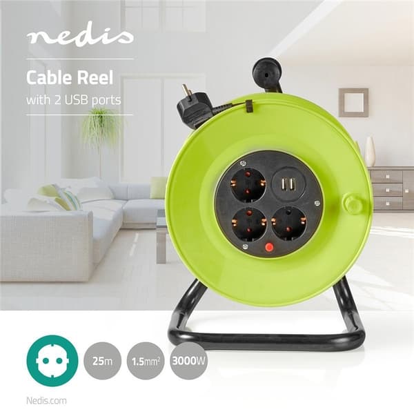 Nedis kabeltromle | Stikprop med sidebens jord | 25.0 m | 3000 W | 16 A | Slags jordforbindelse: Sidekontakter | 230 V AC 50/60 Hz | Kontakt Vinkel: 9