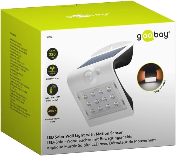 Goobay LED-solcellelampe med bevegelsesdetektor, 1,5 W nøytralt hvitt lys for inngangspartier, garasjeporter og trapper