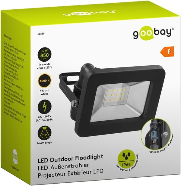 Goobay Utendørs LED-lyskaster, 10 W med 850 lm, nøytralt hvitt lys (4000 K) og M16-kabelgjennomføring, egnet for utendørs bruk (IP65)
