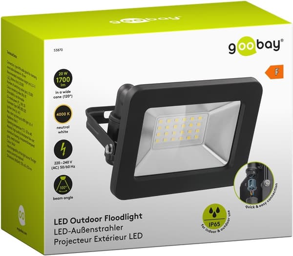 Goobay LED udendørs projektør, 20 W med 1700 lm, neutralt hvidt lys (4000 K) og M16 kabelforskruning, egnet til udendørs brug (IP65)