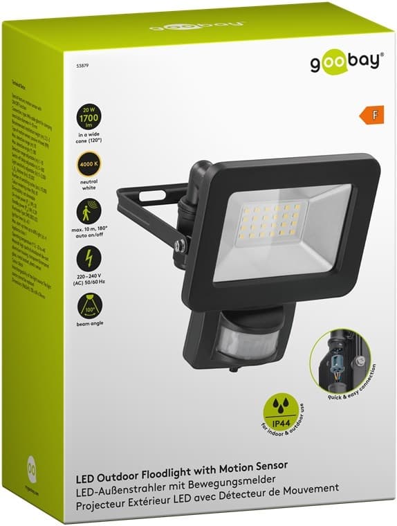 Goobay Utendørs LED-lyskaster, 20 W, med bevegelsesdetektor med 1700 lm, nøytralt hvitt lys (4000 K), PIR-sensor med PÅ/AV-funksjon og M16-kabelgjenno