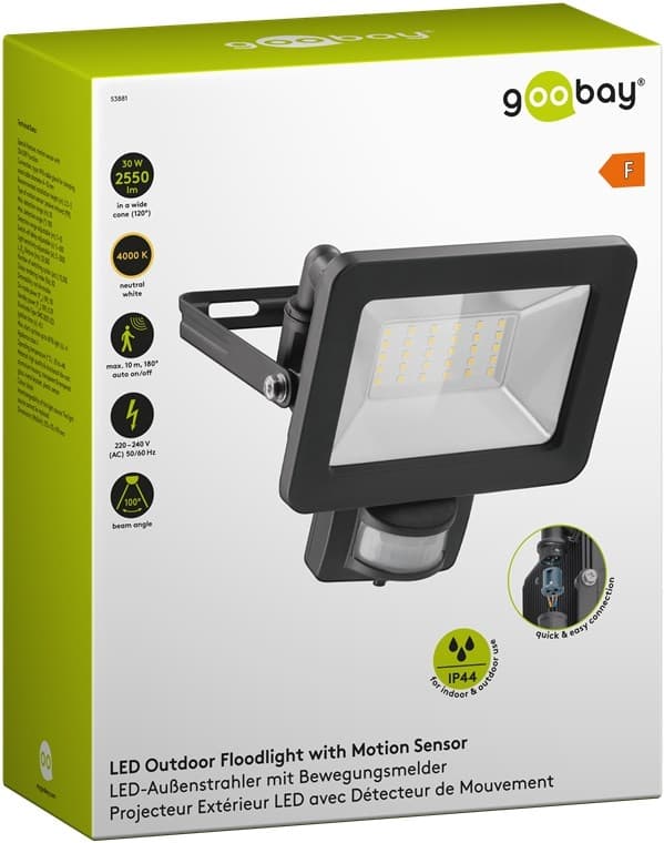 Goobay LED udendørs projektør, 30 W, med bevægelsesdetektor med 2550 lm, neutralt hvidt lys (4000 K), PIR-sensor med ON/OFF-funktion og M16 kabelforsk