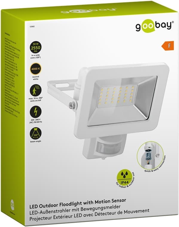 Goobay Utendørs LED-lyskaster, 30 W, med bevegelsesdetektor med 2550 lm, nøytralt hvitt lys (4000 K), PIR-sensor med PÅ/AV-funksjon og M16-kabelgjenno