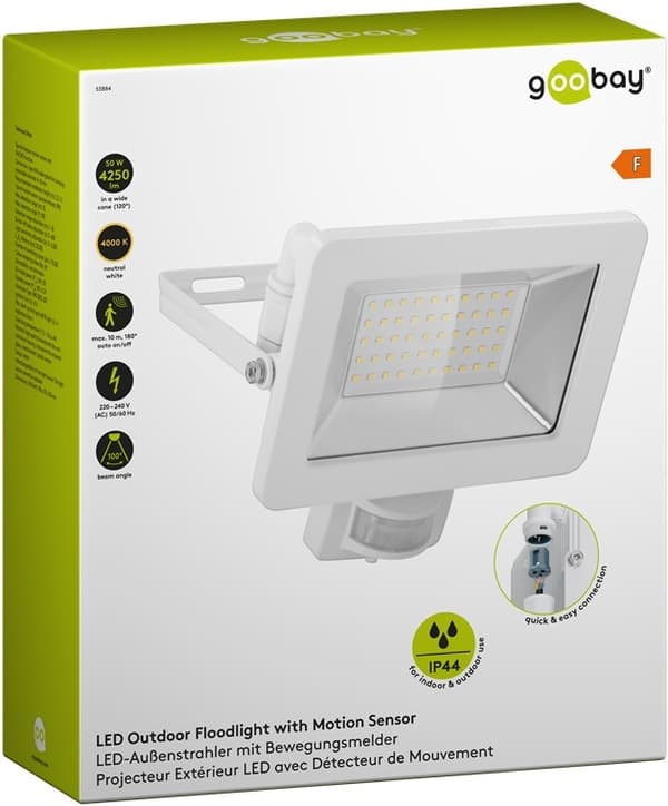 Goobay Utendørs LED-lyskaster, 50 W, med bevegelsesdetektor med 4250 lm, nøytralt hvitt lys (4000 K), PIR-sensor med PÅ/AV-funksjon og M16-kabelgjenno