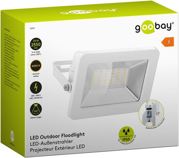 Goobay Utendørs LED-lyskaster, 30 W med 2550 lm, nøytralt hvitt lys (4000 K) og M16-kabelgjennomføring, egnet for utendørs bruk (IP65)