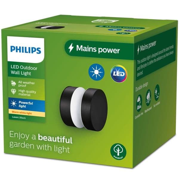 Philips Laven LED-vegglampe i rustfritt stål svart IP44 varmhvit 6W 600lm