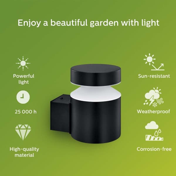 Philips Laven LED-vägglampa Upp Rostfritt stål Svart IP44 Varmit 6W 600lm