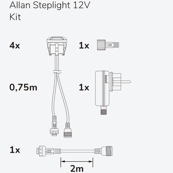 Llitt Allan Steplight-sett 4-pk inkl. strømadapter 12V 3000K 5lm IP67