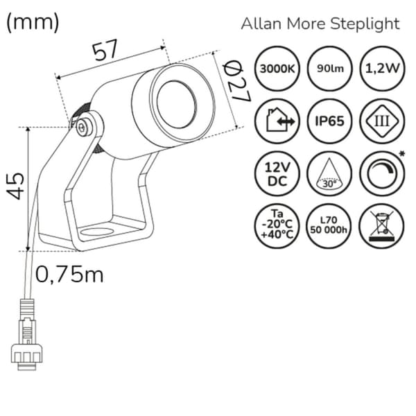 Llitt Allan More Spotlight m metallspyd 1-pk 12V 3000K 100lm IP67