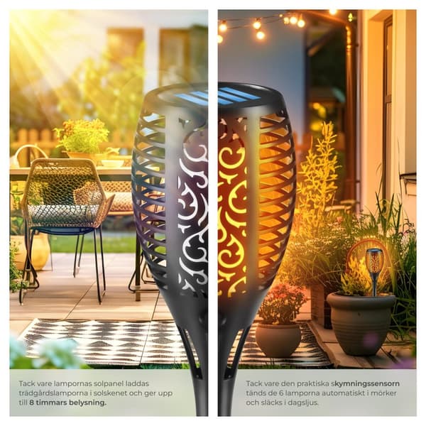6-pack solcellslampor Flare, LED, skymningssensor - svart