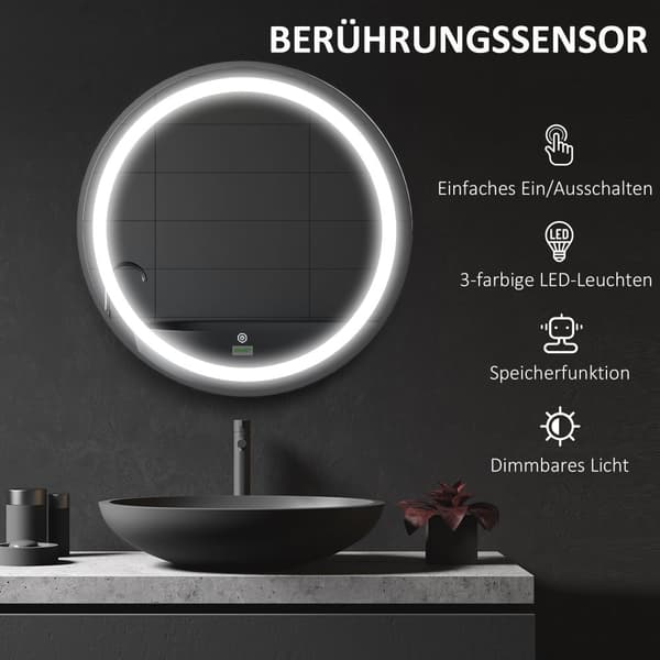 Badeværelsesspejl, LED, Ø60x4T cm, Sort