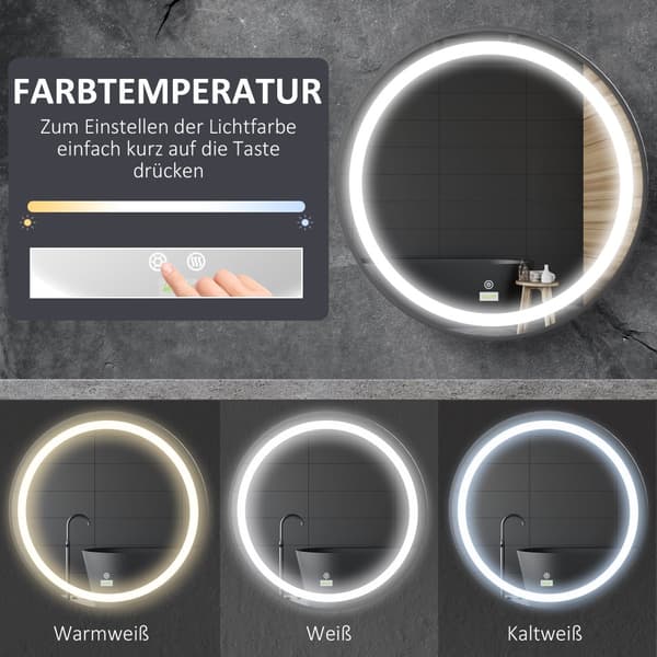 Badeværelsesspejl, LED, Ø60x4T cm, Sort