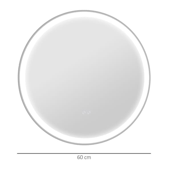 Badeværelsesspejl med LED-belysning, Ø 60 cm, Hvid+Sølv